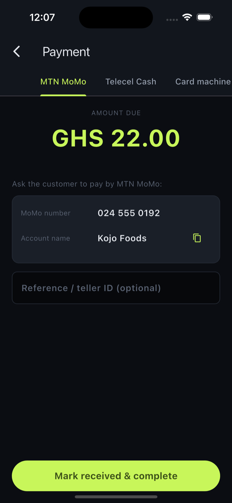 The Inventovia till's payment screen for a shop in Accra: its own tender tabs — MTN MoMo, Telecel Cash, Card machine — GHS 22.00 due, with the shop's MoMo number shown to the customer.